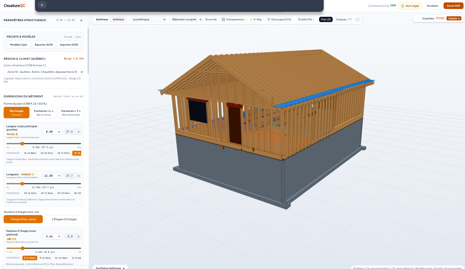 Aperçu d’OssatureQC : une maison à ossature de bois en 3D et les paramètres de dimensions du bâtiment.